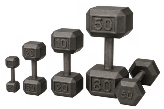 Hexagon iron dumbbells set for strength training, gym workout, fitness, and weightlifting goals, transparent background