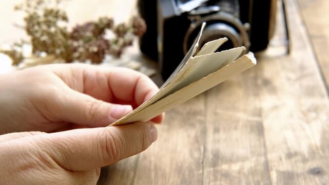 female hand hold old family photos, stack of old family vintage photographs of 50s, 40s, black retro accordion camera on wooden table, concept of genealogy, memory of ancestors, family tree, memories