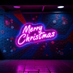 Obraz premium digital illustration neon sign reads merry christmas bright pink color sign placed brick wall blue red abstract design wall lit pink purple lights creating warm festive atmosphere floor wooden planks