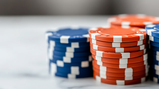 Stacks of blue and orange poker chips arranged neatly on a marble surface, creating a vibrant and dynamic composition. The chips invite anticipation and excitement for a high-stakes game. - Powered by Adobe
