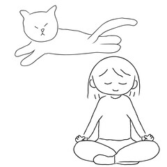 ヨガのポーズをする女性と猫の線画イラスト