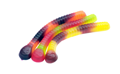 Bright colorful gummy worms isolated on a transparent background for design. Popular sweets for children.	
