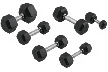 Multiple dumbbells displaying fitness equipment for exercise programs, weight training, and bodybuilding on a transparent background