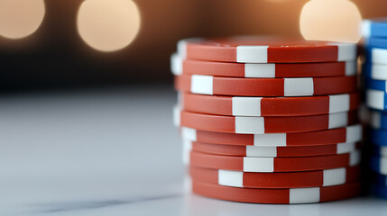 A stack of casino chips with a red and white color scheme, contrasting with a stack of blue chips, set against a background of soft, out-of-focus lights, creating an elegant atmosphere.