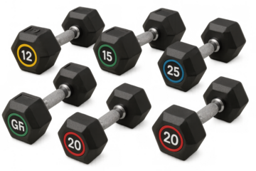 Rubber hex dumbbells set offering various weights for fitness, strength training, and workout routines on transparent background