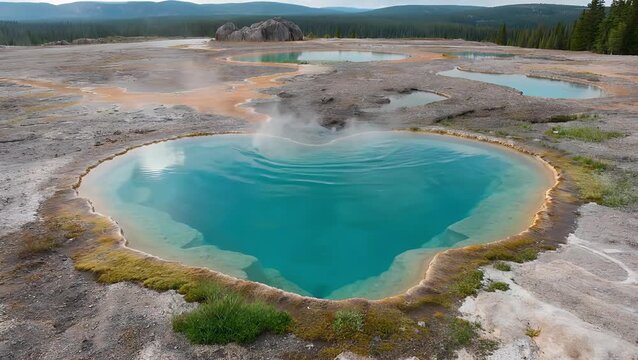 thermal spring located within a major geyser area  recognized for its distinct cardiac form and remarkably clear azure aqueous solution  associated with adjacent hydrothermal