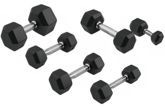 Multiple dumbbells displaying fitness equipment for exercise programs, weight training, and bodybuilding on a transparent background