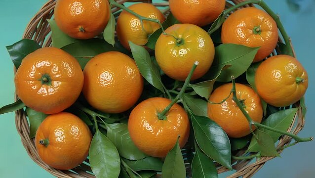 top-down photograph of numerous fresh and ripe mandarin oranges accompanied by green leaves  arranged on a vibrantly colored surface with allocated space for textual