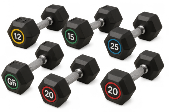 Rubber hex dumbbells set offering various weights for fitness, strength training, and workout routines on transparent background