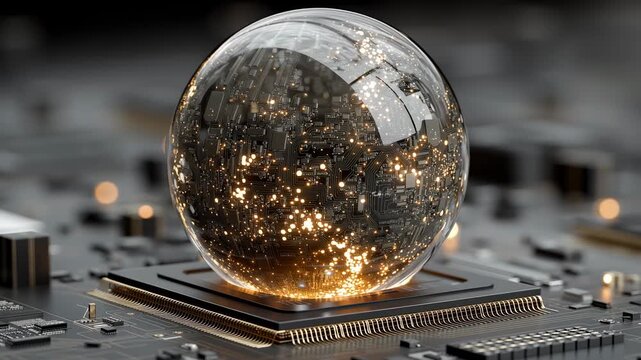 Abstract Glowing Sphere on Circuit Board, Futuristic Tech