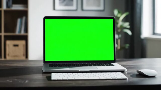 Green Screen laptop computer with mock up chroma key standing on home office desk nobody in it professional set is ready for e commmerce courses using isolated pc scene 3 distortion, overlay, glitch