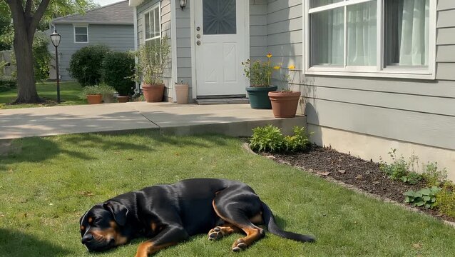 Canine Breed Slumbering on a Lawn Area Preceding the Main Entryway of a