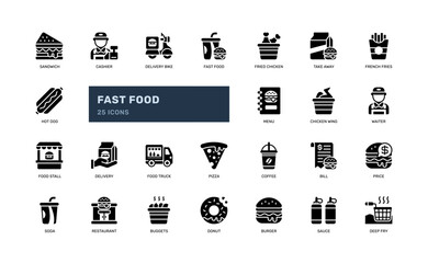 Solid black fast food icon set for digital menu and app interface