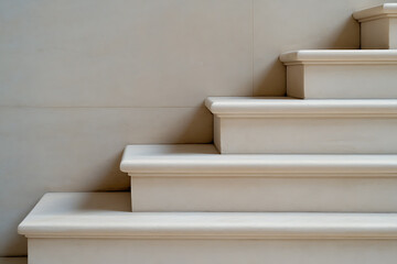 Minimalist stairs, bathed in soft light, offer a sense of calm. Subtle shadows play across the textured wall, creating an inviting visual harmony and a focal point.