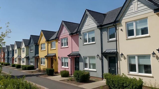 exterior view of a newly constructed row of contemporary and vividly colored urban homes against a clear blue sky on a sunny day  representing a fresh real estate offering for a