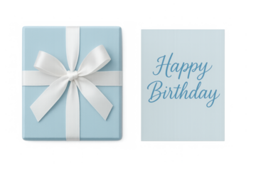 Light blue gift box with white ribbon bow and happy birthday greeting card, celebrating special events