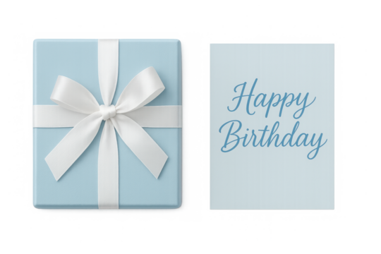 Light blue gift box with white ribbon bow and happy birthday greeting card, celebrating special events
