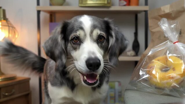 Canine Exhibiting Begging Behavior  Focused Longingly on a Plate of Sweet Donut