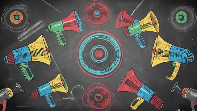 horizontal arrangement of brightly colored megaphones placed on the surface of a blackboard  suitable for promotional announcements and social media