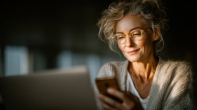 An elderly woman using laptop and smartphone