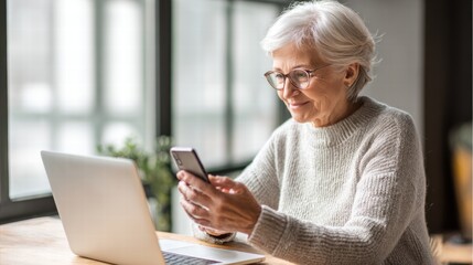 An elderly woman using laptop and smartphone