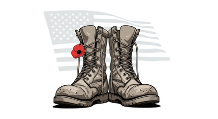 Boots and Remembrance: A poignant tribute featuring combat boots adorned with a delicate poppy, symbolizing remembrance against the backdrop of an American flag.