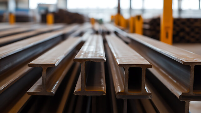 This image showcases a neat stack of metal I-beams, highlighting their uniform shape, industrial texture, and the strong structural support they provide in construction settings.