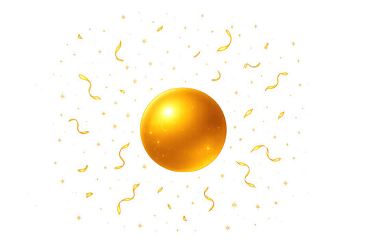 Golden shiny sphere surrounded by gold confetti and streamers, perfect for celebrating triumph, success, and special festive occasions