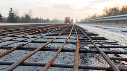 Road under construction with rebar grid in concrete, vehicle approaching. Roadwork scene emphasizes construction, infrastructure, and transport. Morning light.
