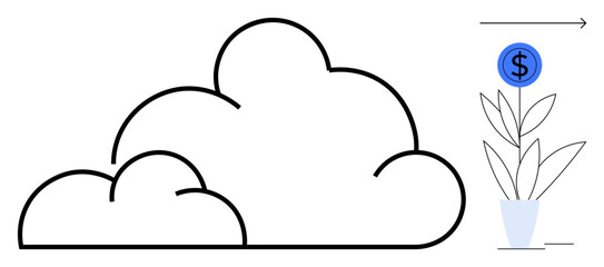 Cloud design paired with a growing potted plant featuring a dollar sign, suggesting cloud technology and financial growth. Ideal for technology, finance, investment, sustainability, innovation