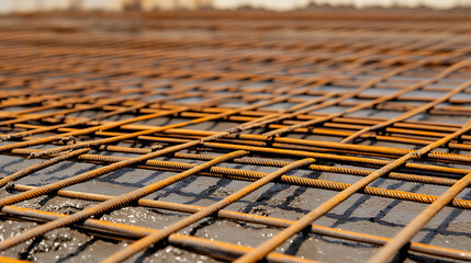 Obraz premium Foundation framework featuring a rusty steel grid embedded in wet concrete. Strong geometric composition, highlighting the raw construction and industrial design process.