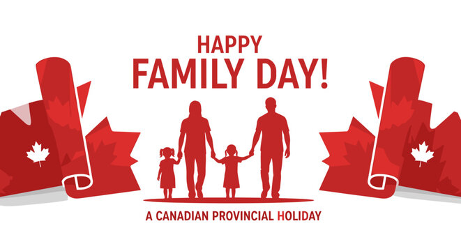 Family Day Celebration in Canada: A cheerful depiction of a family of four, framed by vibrant Canadian flags, heralds the joy of Family Day in a provincial Canadian celebration.