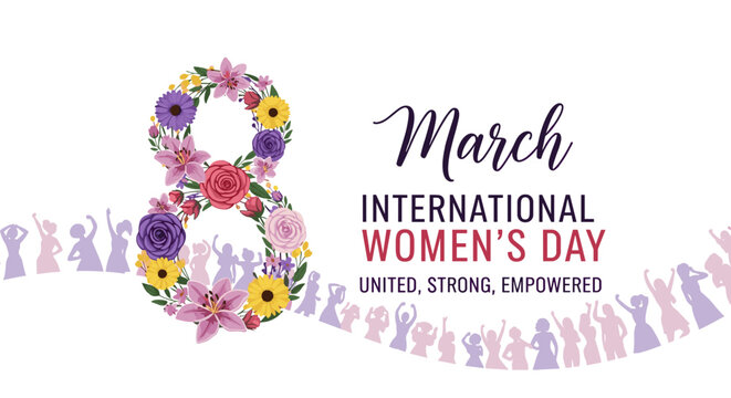 International Women's Day Celebration: This image commemorates International Women's Day with a beautiful floral arrangement shaped like the number 8, symbolizing unity, strength.