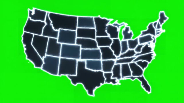 Green Screen map of united states america showing different animated usa contiguous lower 48 u s state on an isolated chroma key background scene 3 with distortion, overlay, glitch, static noise, scan