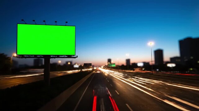 Green Screen 4k advertising billboard on sidelines of expressway with traffic at evening time lapse scene 3 distortion, overlay, glitch, static noise, scan lines black background, animated video loop