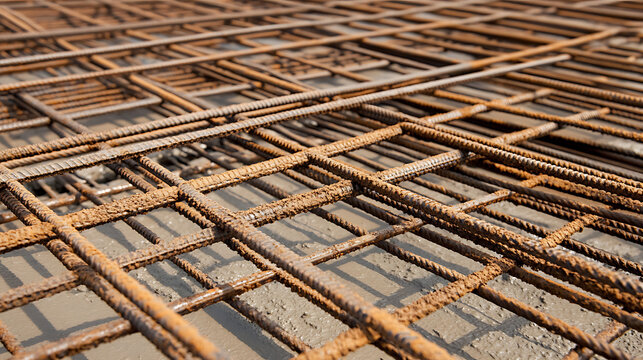 Grid of Rebar for Construction: Intersecting oxidized steel bars form a rectangular mesh, ready to reinforce concrete in building or infrastructure projects. Rust adds texture.
