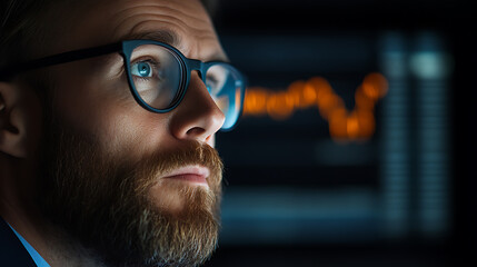 Focused man in glasses, intently analyzing a data display. His face is lit by the screen, reflecting his concentration on the complex figures and analytics he is reviewing.