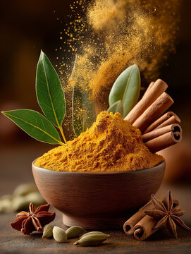 Aromatic Turmeric Spice with Cinnamon Sticks and Bay Leaves in a Bowl