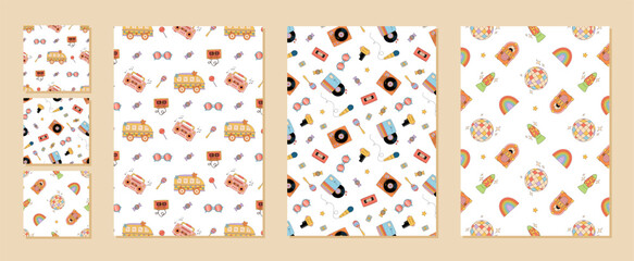 Groovy retro music seamless pattern set with colorful cassette, disco, record, and rainbow elements. Y2k style background as vintage pattern for playful, vibrant atmosphere and trendy visual