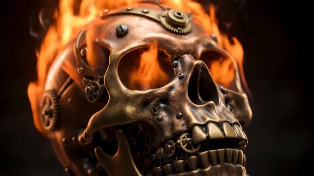 Steampunk skull with fiery aura depicting mortality and mysticism