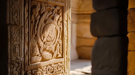 Intricate carvings adorn an ancient stone wall, showcasing a mesmerizing display of artistry and craftsmanship. The warm, inviting light adds a touch of magic.