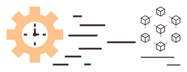 Gear with clock representing time management and productivity, connected blocks indicating distributed systems. Ideal for technology, blockchain, time management, automation, networks, workflows