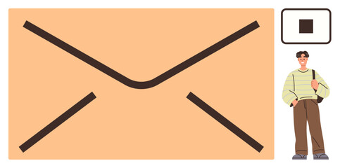 Large envelope symbolizing messaging or mail, with a person showcasing casual fashion. Ideal for communication, correspondence, delivery, design, casual lifestyle, technology, and creativity