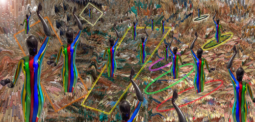 DREAM N°71 – The rainbow figures, surreal dancers in a vortex of color and geometric light