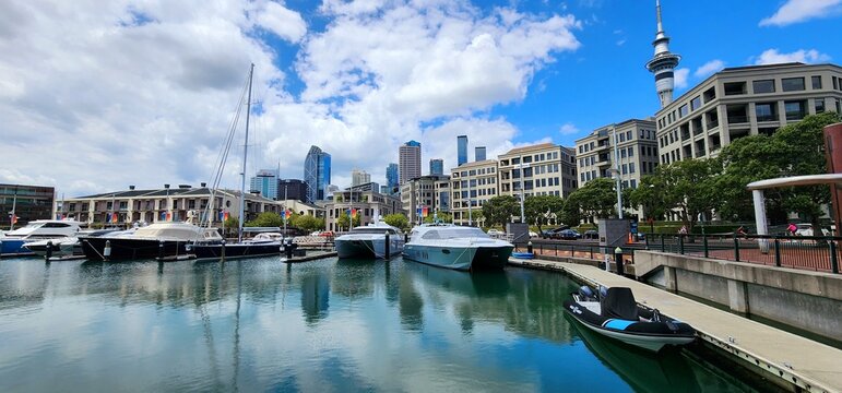 Auckland, New Zealand - 6 February 2025: Waterfront View of Auckland Marina and Sky Tower in Daylight. Ideal for travel content, editorial use, architecture portfolios, and lifestyle visuals.