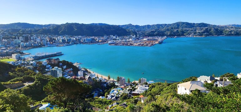 Wellington, New Zealand - 28 January 2025: Panoramic Daytime View of Wellington Harbour and City Skyline. This photo captures the balance between natural beauty and urban development. 
