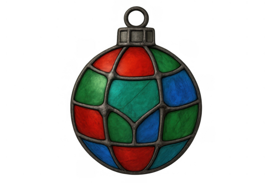 Stained glass christmas ornament bauble with colorful festive design on transparent background