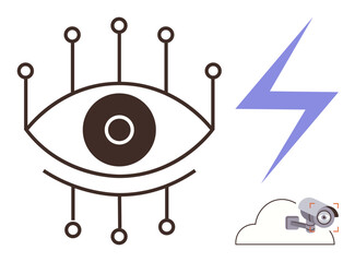 Eye with connected nodes representing artificial intelligence, lightning bolt symbolizing energy, CCTV camera on cloud iconizing cloud surveillance. Ideal for AI, security, connectivity, energy