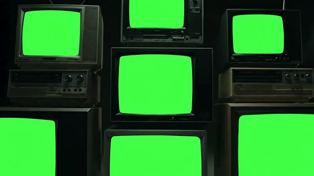 Dynamic Display Canvas with stacked vintage television green screen dolly in you can replace the footage or picture want do it lkeyingr effect after effects 4k distortion, overlay, glitch, static