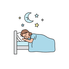 Simple Lineart Woman Sleeping Peacefully in Bed with Moon and Star